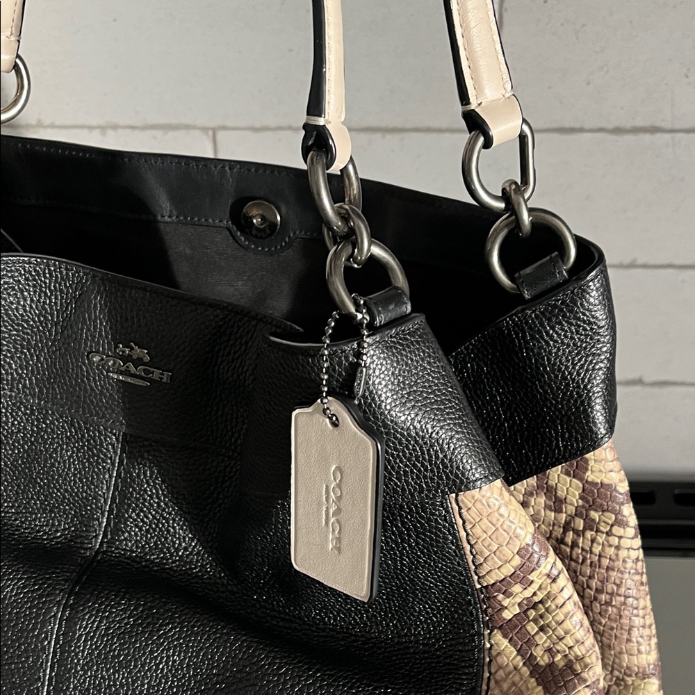 Coach Black Pebbled Leather Shoulder Bag with Snake-Print Sides - Picture 6 of 8